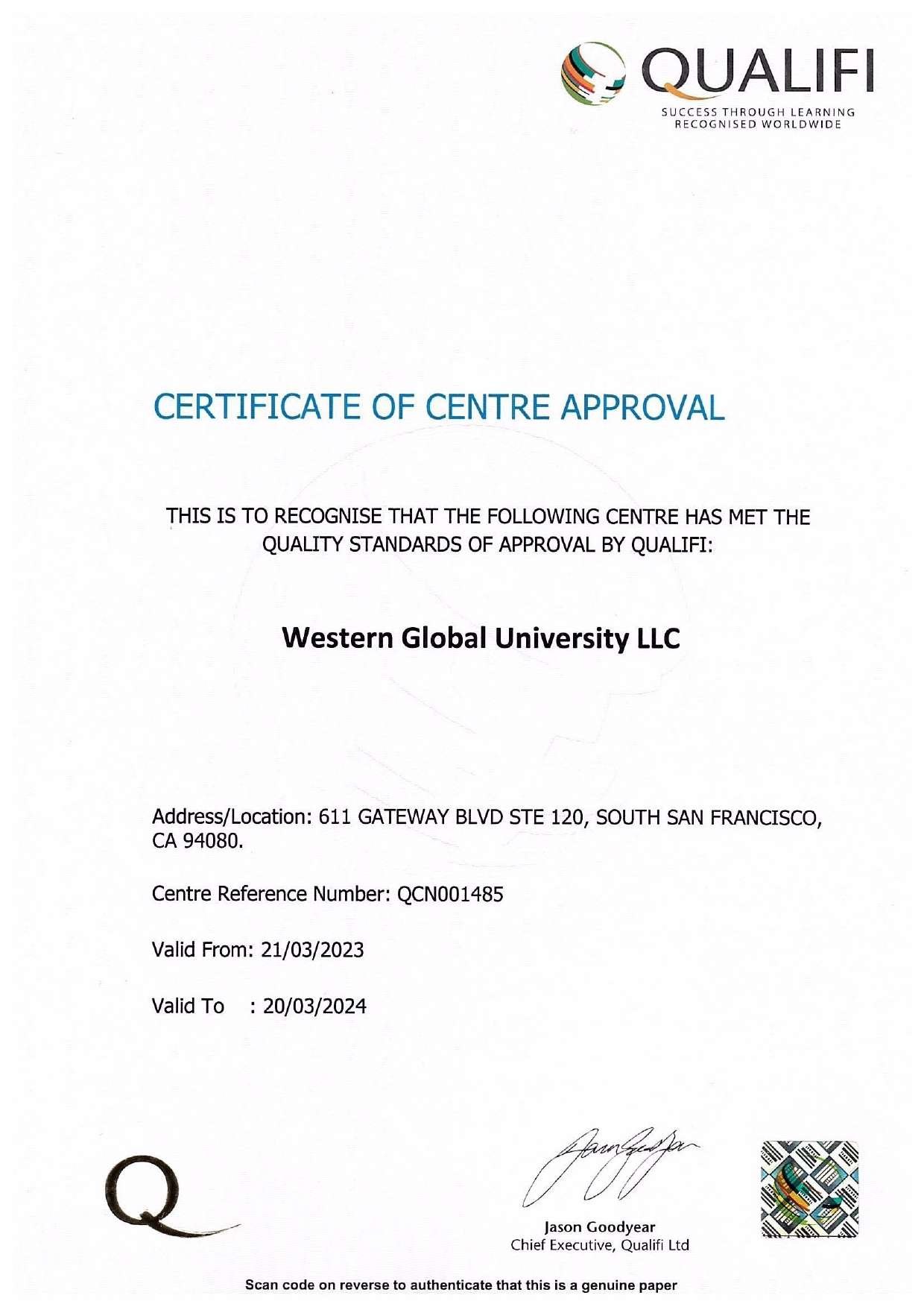 Certificate of Centre Approval Western Global University LLC 1 1 page 0001