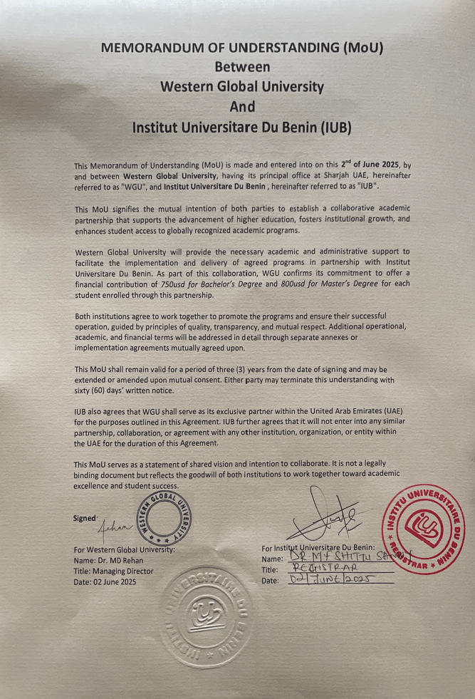 Dual Degree Partnership | Western Global University Benin University